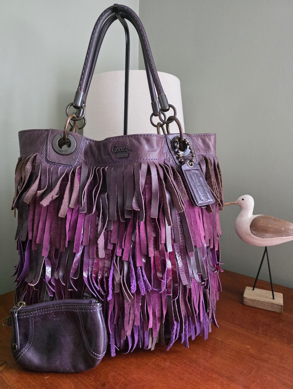 Coach 13060 Madison XL Fringe Tote Purple Leather Suede Bag Pouch Y2K